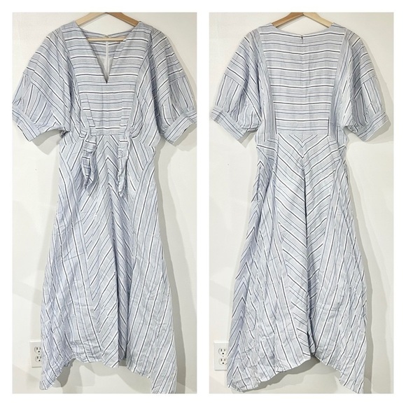 Rebecca Taylor Directional Stripe Belted Cotton Linen Midi Dress Blue White 6 - Picture 5 of 9